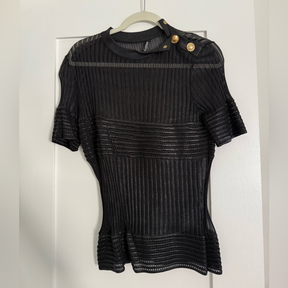 Balmain Black Sheer Short Sleeve Top with Gold Accents